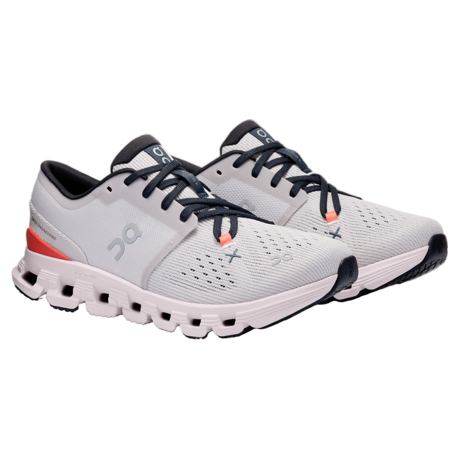 Pair of women's On Cloud X 4 sneakers in gray with pink, orange and black accents