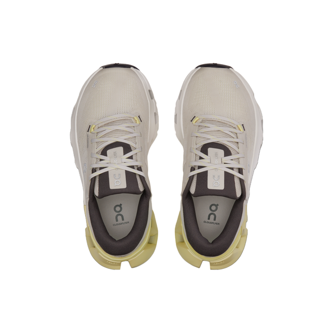 Top-down view of On Cloud Cloudflyer 5 running shoes in cream with half white, half yellow midsole