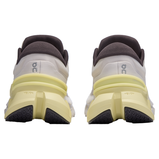 Heels of On Cloud Cloudflyer 5 running shoes in cream with half white, half yellow midsole cushion