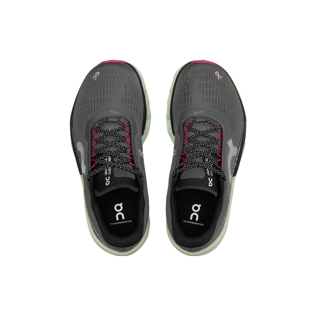 Top-down view of On Running On Cloud Cloudmonster 2 shoe in dark gray and green with pink accents