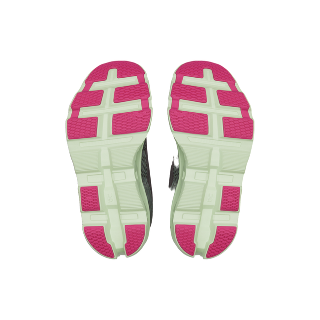 Sole of On Running On Cloud Cloudmonster 2 running shoe in charcoal gray and green with pink accents