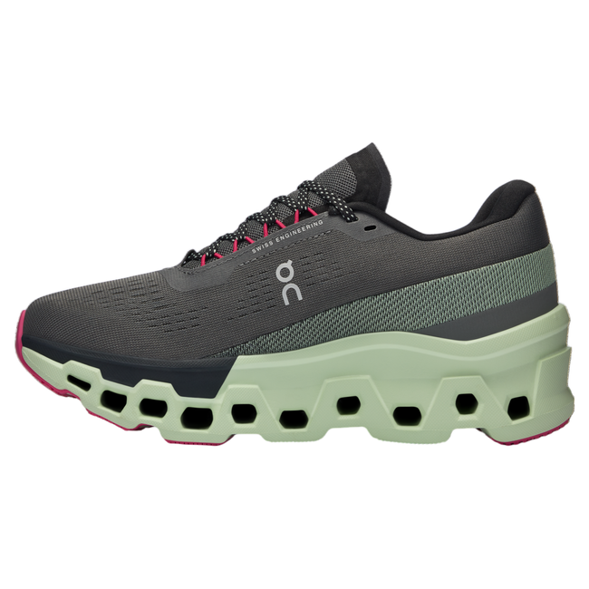 Medial side of On Running On Clouds Cloudmonster 2 running shoe in charcoal gray and green