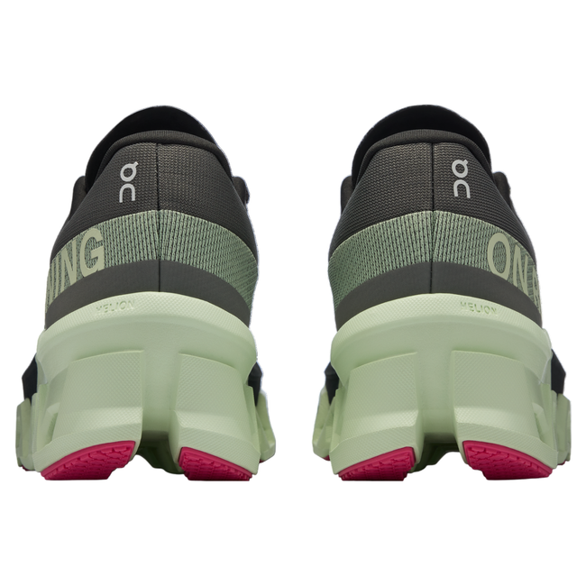 Heels of On Running On Clouds Cloudmonster 2 running shoe in charcoal gray with pink accents
