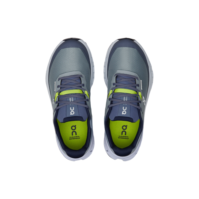 Top-down view of On Cloud Cloudvista 2 Waterproof trail running shoes in purple with green insoles