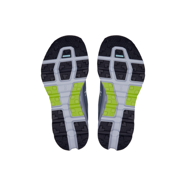 Soles of On Cloud Cloudvista 2 Waterproof trail running shoes with purple and green tread sections