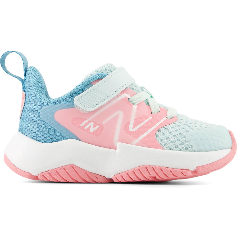 Side of New Balance Kids' Rave Run v2 running shoe in Glint Blue/Pink