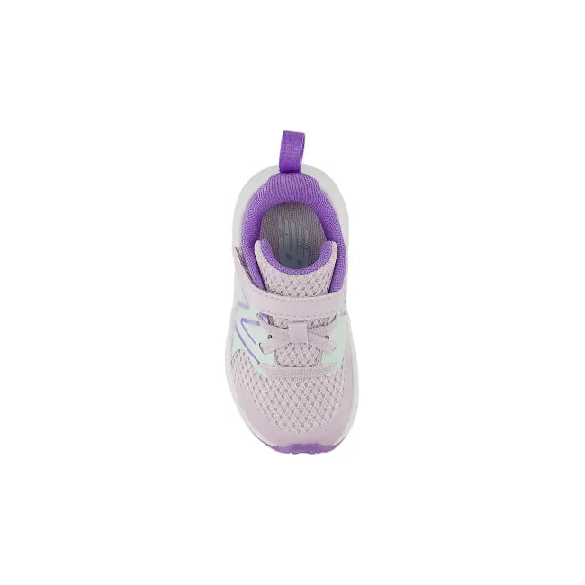Top-down view of New Balance Rave Run V2 toddler shoe in taro showing top strap closure and mesh upper