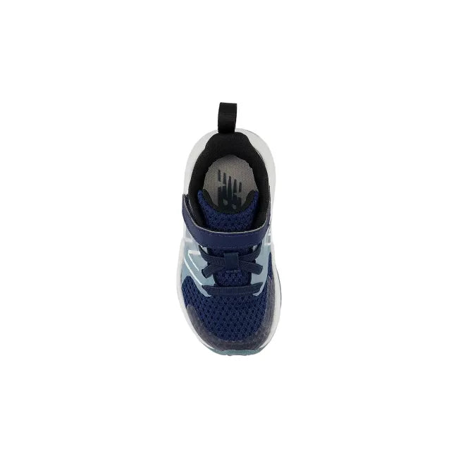 Top-down view of New Balance Rave Run V2 infant shoe in navy showing velcro strap closure and mesh upper