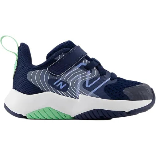 Lateral of New Balance Infant Rave Run V2 Velcro Top Strap Running Shoe in navy
