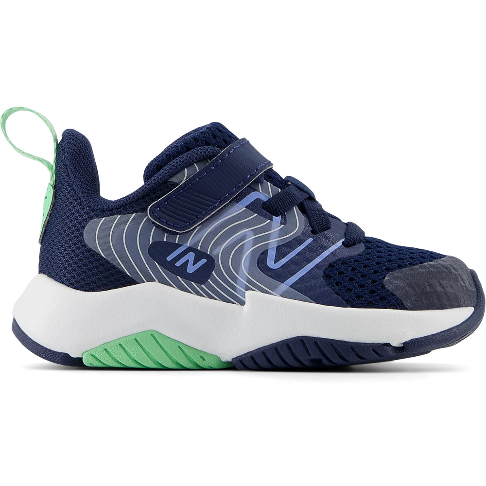 Side of New Balance Kids' Rave Run v2 running shoe in NB Blue/Electric Sky/Sweetgrass