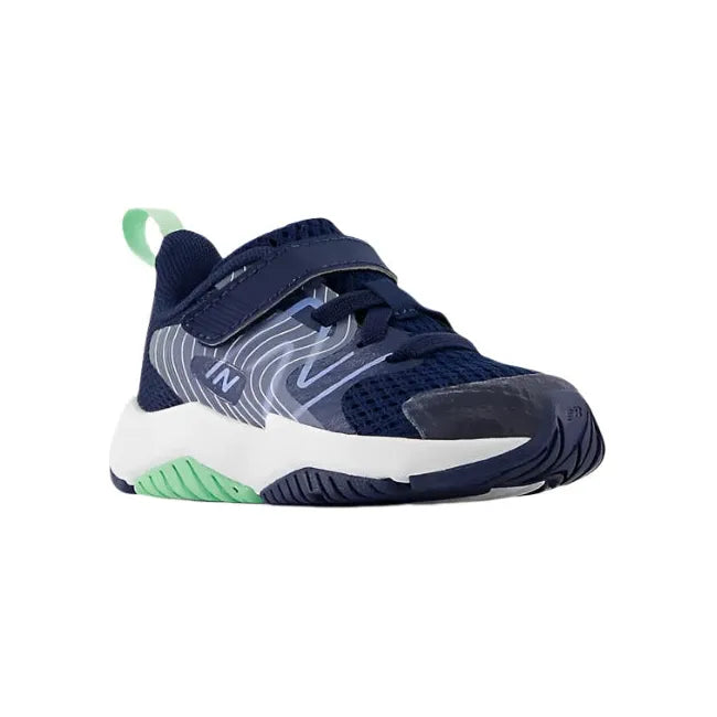 Lateral angled of New Balance Infant Rave Run V2 Velcro Top Strap Running Shoe in navy