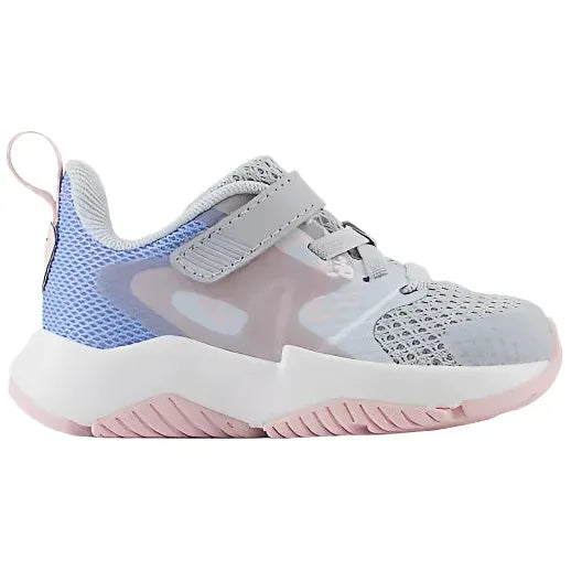 Lateral of New Balance Infant Rave Run V2 Velcro Top Strap Running Shoe in gray, blue, and pink