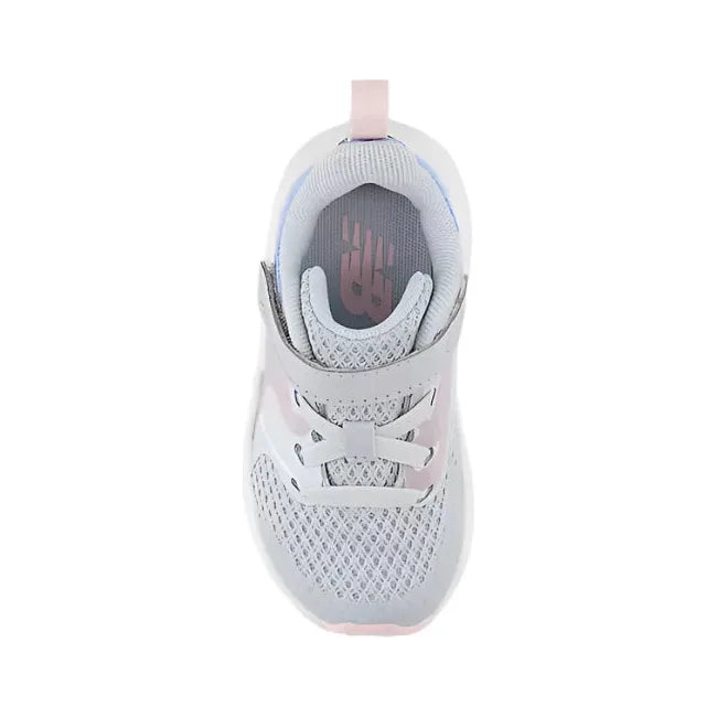 Top down of New Balance Infant Rave Run V2 Velcro Top Strap Running Shoe in gray, blue, and pink