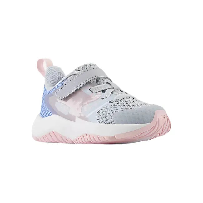 Lateral angled of New Balance Infant Rave Run V2 Top Strap Running Shoe in gray, blue, and pink