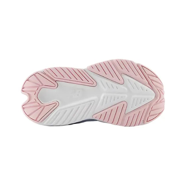 Sole of New Balance Infant Rave Run V2 Top Strap Running Shoe in gray, blue, and pink
