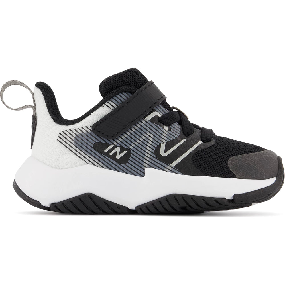Side of New Balance Kids' Rave Run v2 running shoe in Black/White