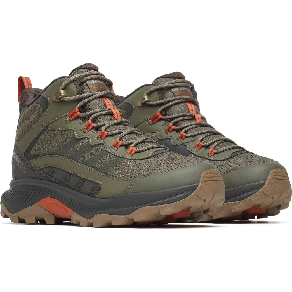 Pair of Merrell Men's Speed Strike 2 Mid Waterproof Hiking Boot in Olive