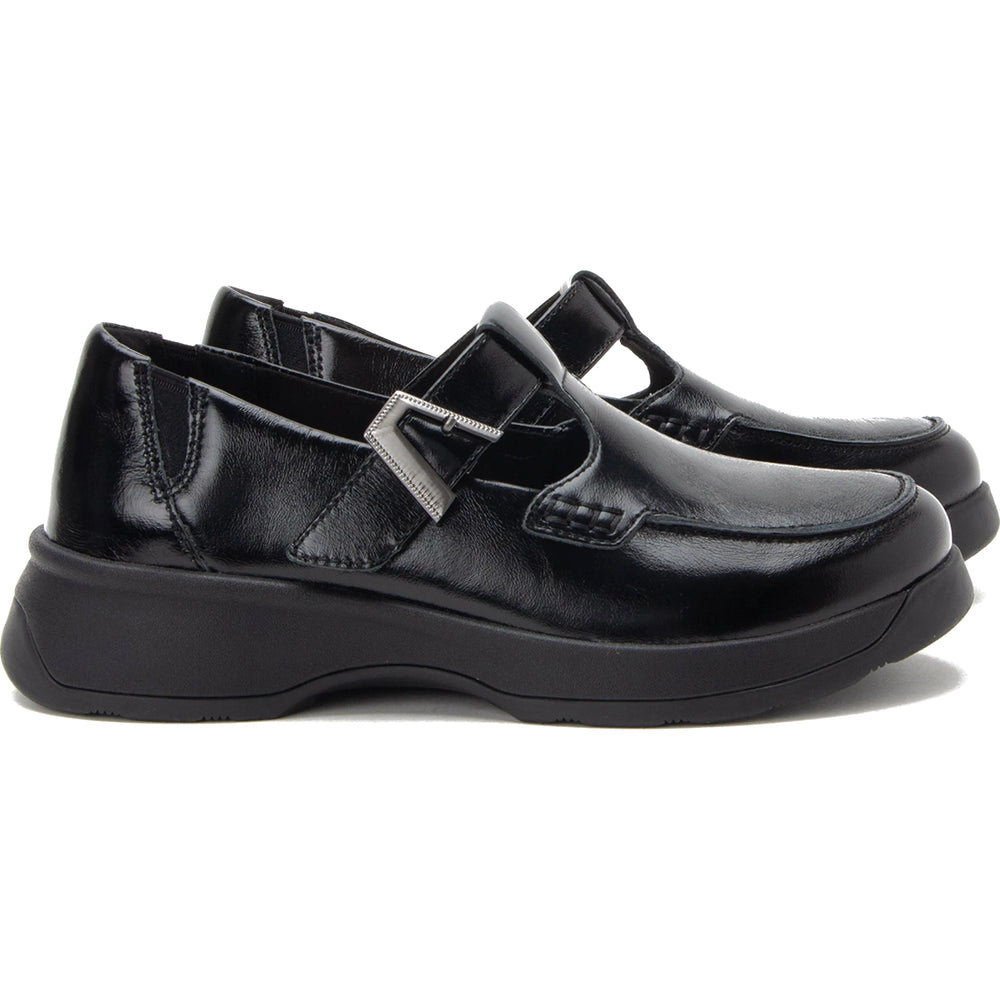Alegria Women's Jensie T-Strap Shoe in Glazed Black, lateral view