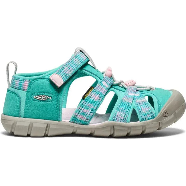 Lateral of KEEN Youth Kids Seacamp II CNX Sandal in Bright Aqua blue and Pink-A-Boo