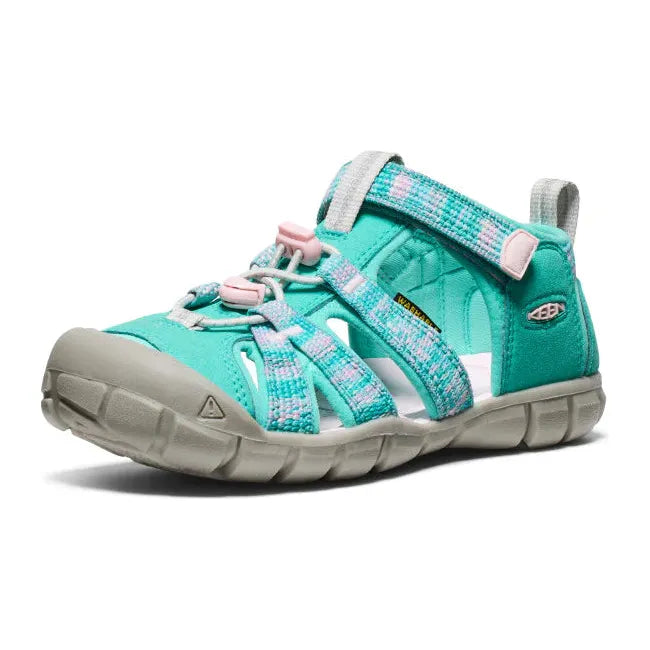 Fornt angled view of KEEN Youth Kids Seacamp II CNX Sandal in Bright Aqua blue and Pink-A-Boo