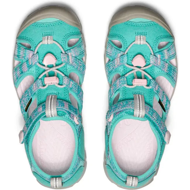 Upper of KEEN Youth Kids Seacamp II CNX Sandal in Bright Aqua blue and Pink-A-Boo
