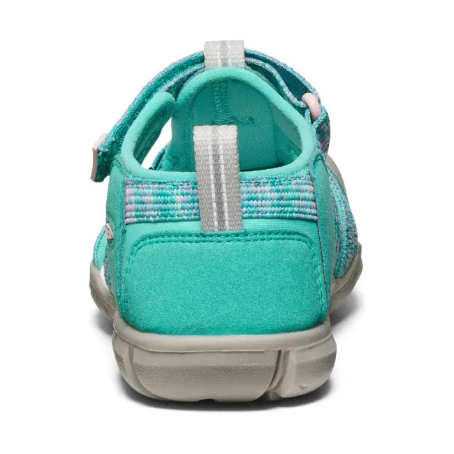 Heel of KEEN Youth Kids Seacamp II CNX Sandal in Bright Aqua blue and Pink-A-Boo