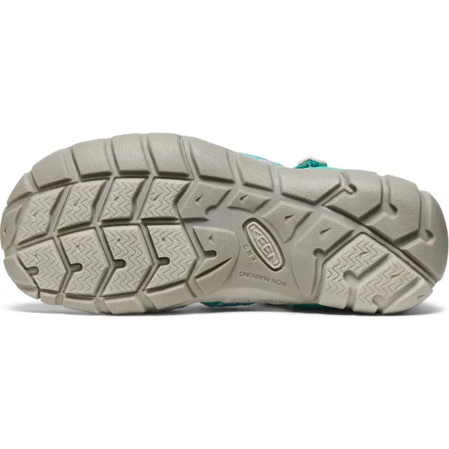 Sole of KEEN Youth Kids Seacamp II CNX Sandal in Bright Aqua blue and Pink-A-Boo
