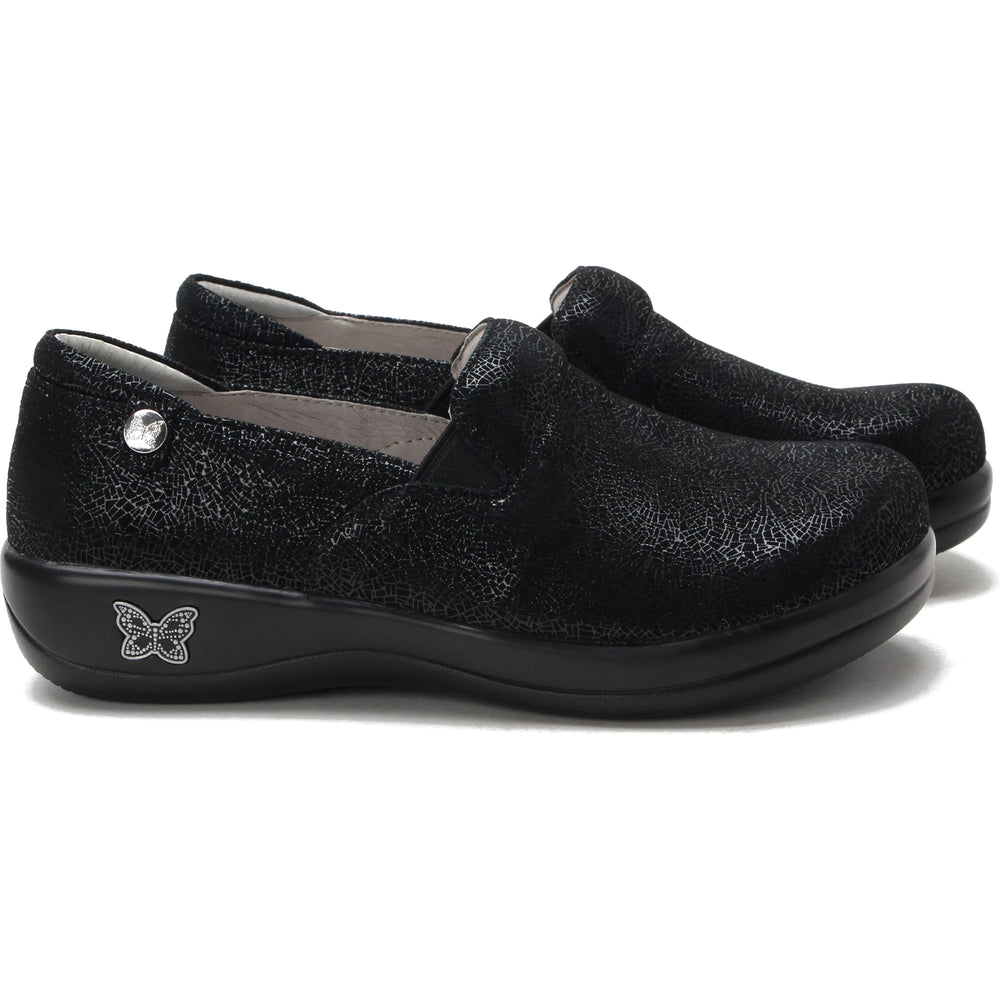 Pair of Alegria Women's Keli Shoes in Crackle Black, side view