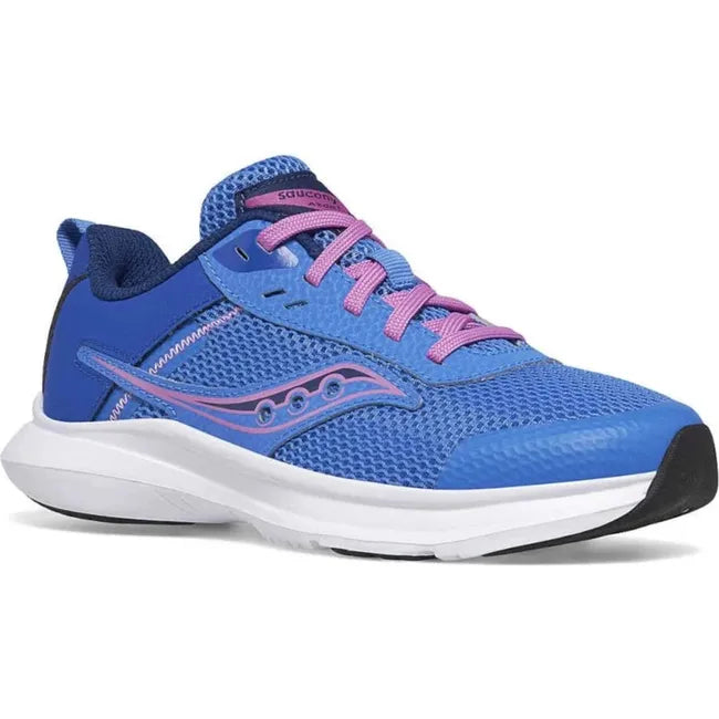 Lateral side of Kids Saucony Shoes Axon in Bluelight Grape upper colors and a white sole