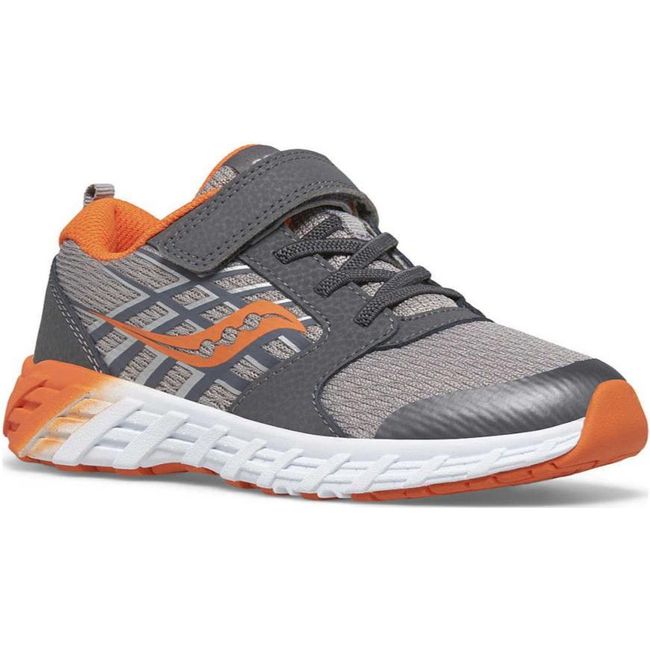 Front of Kids Saucony Wind 2.0 A/C Sneaker in grey and orange with a velcro strap aand a white sole