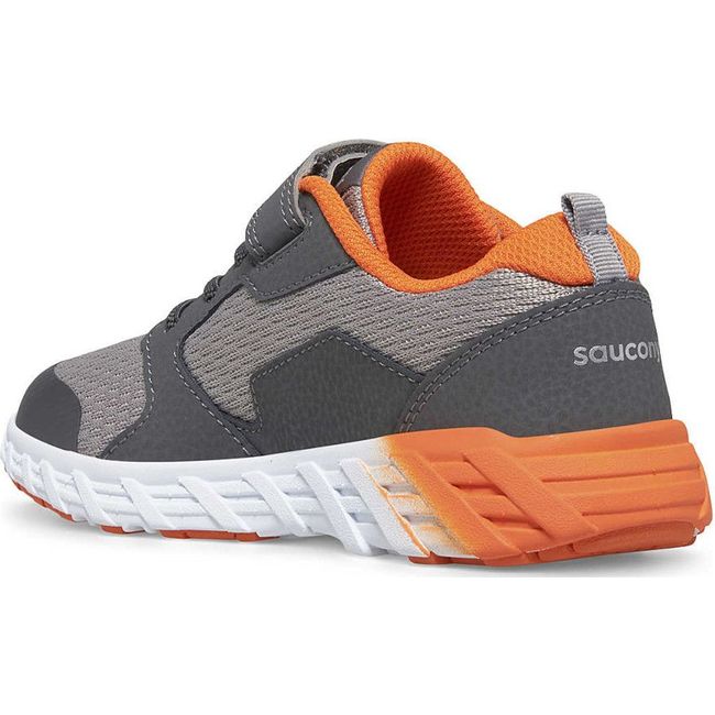 Medial side of Kids Saucony Wind 2.0 A/C Sneaker in grey and orange with a white sole