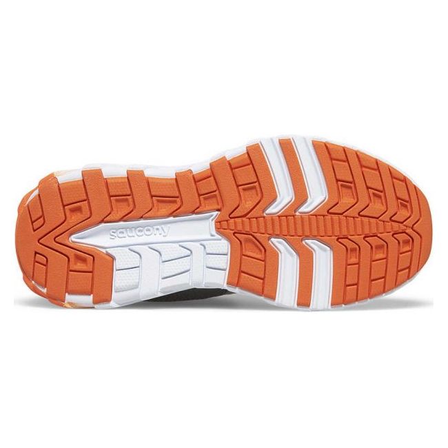Sole of Kids Saucony Wind 2.0 A/C Sneaker in grey and orange with a white sole and orange tread