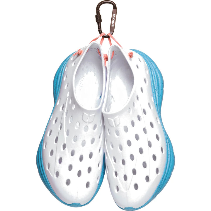 Kane Unisex Revive Recovery Shoes in White/Pacific Speckle with included carabiner