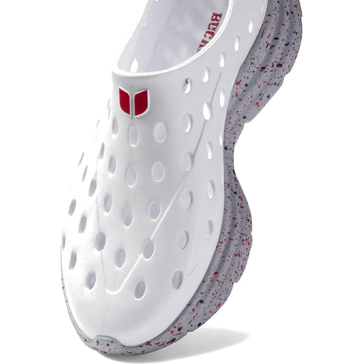 Close-up of Kane Unisex Revive Recovery Shoe in Ohio State White/Gray Speckle