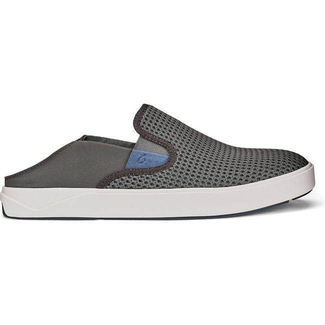 Lateral side of Men's Olukai Lae‘ahi Slip On Shoe in Pavement gray with Drop-In Heel down