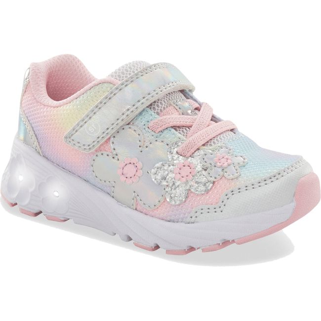 Front angled view of Little Kids Stride Rite Lighted Glimmer 2.0 Sneaker in Rainbow multicolor