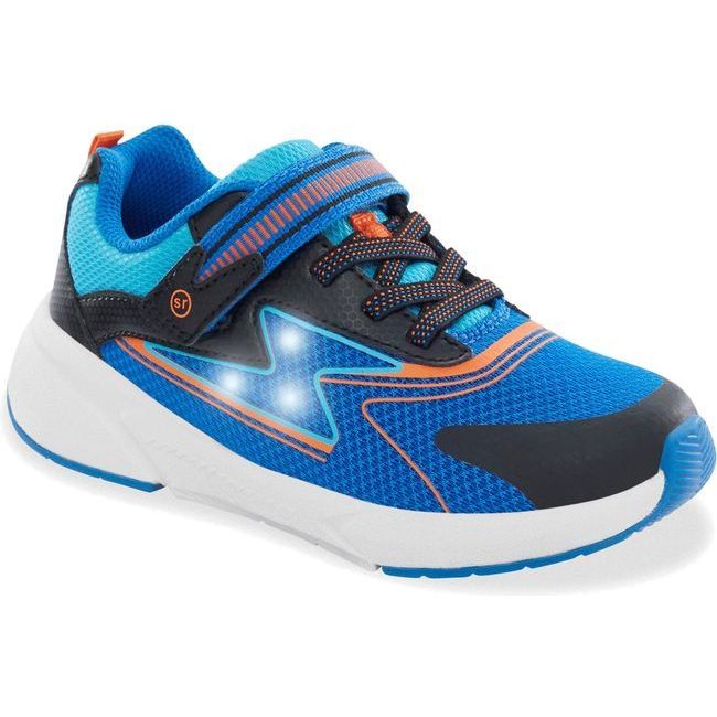 Front angled view of Kids Stride Rite Light Up Zips Cosmic 2.0 Sneaker in Blue Multi and orange