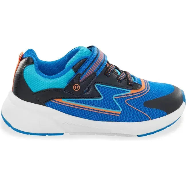 Lateral side of Kids Stride Rite Light Up Zips Cosmic 2.0 Sneaker in Blue Multi and orange