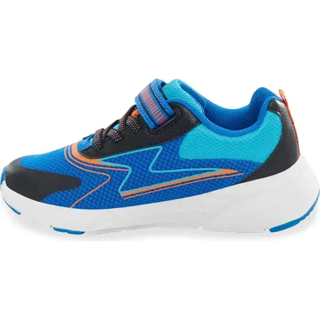 Medial side of Kids Stride Rite Light Up Zips Cosmic 2.0 Sneaker in Blue Multi and orange