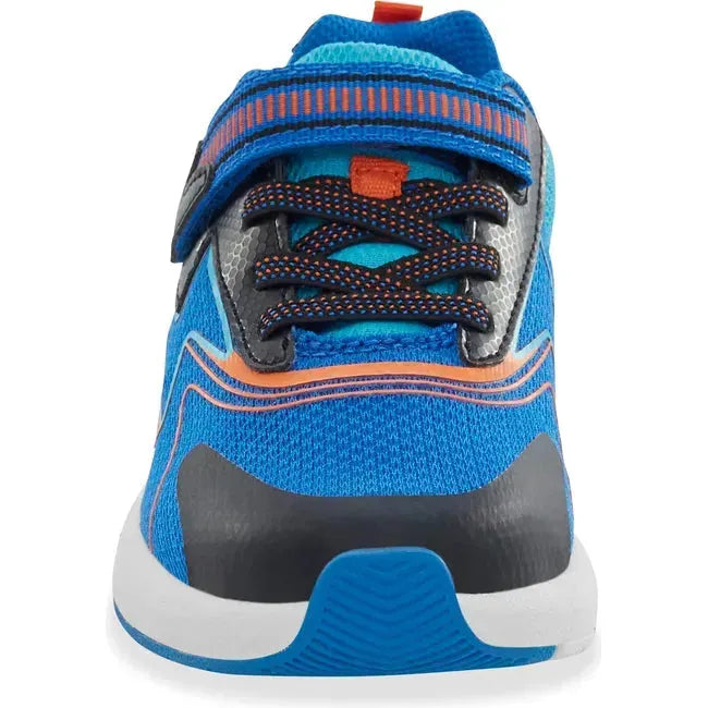 Front of Kids Stride Rite Light Up Zips Cosmic 2.0 Sneaker in Blue Multi and orange with velcro