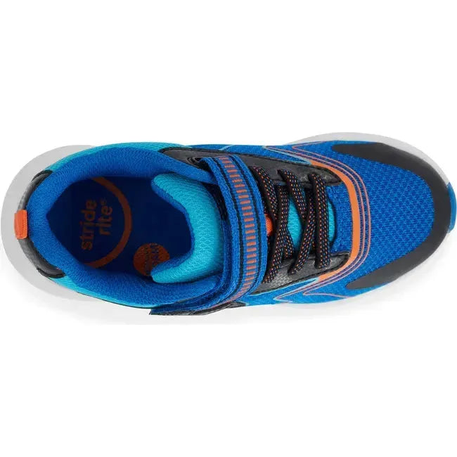 Upper of Kids Stride Rite Light Up Zips Cosmic 2.0 Sneaker in Blue Multi and orange with velcro