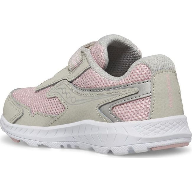 Medial side of Kids Saucony Ride 10 Jr Sneaker in Blush pink mesh and gray leather with white sole