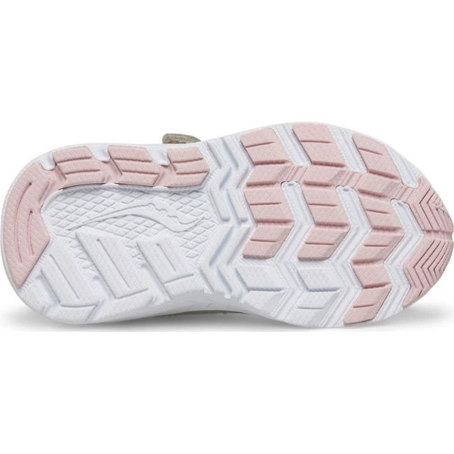 Sole of Kids Saucony Ride 10 Jr Sneaker in Blush pink upper. White sole with white and pink tread