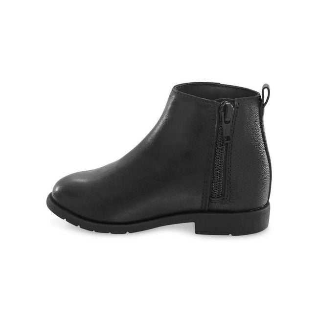 Medial side of Toddler Stride Rite Carolyn Bootie in black leather with zipper