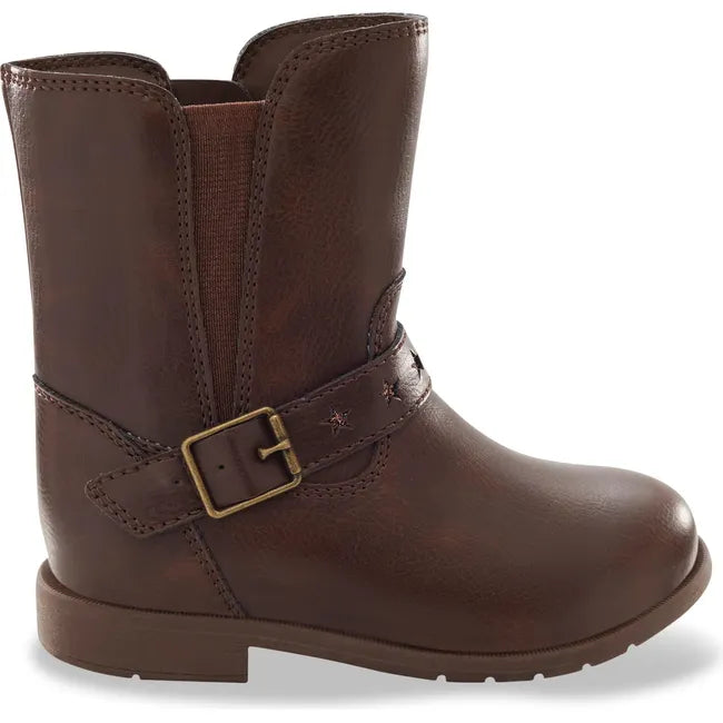 Lateral side of the Kids Lizz Stride Rite Boots. Tall boot in brown leather with buckle accent