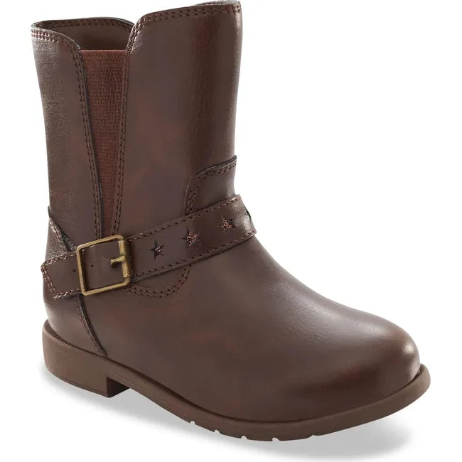 Front angled view of the Kids Lizz Stride Rite Boots. Tall boot in brown leather with buckle accent