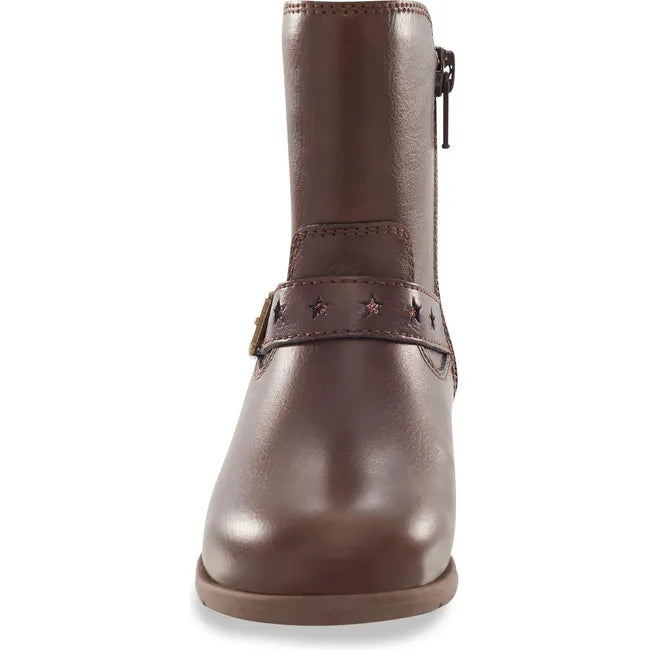 Front of the Kids Lizz Stride Rite Boots. Tall boot in brown leather with side zipper