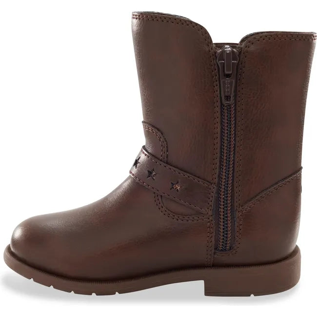Medial side of the Kids Lizz Stride Rite Boots. Tall boot in brown leather with side zipper