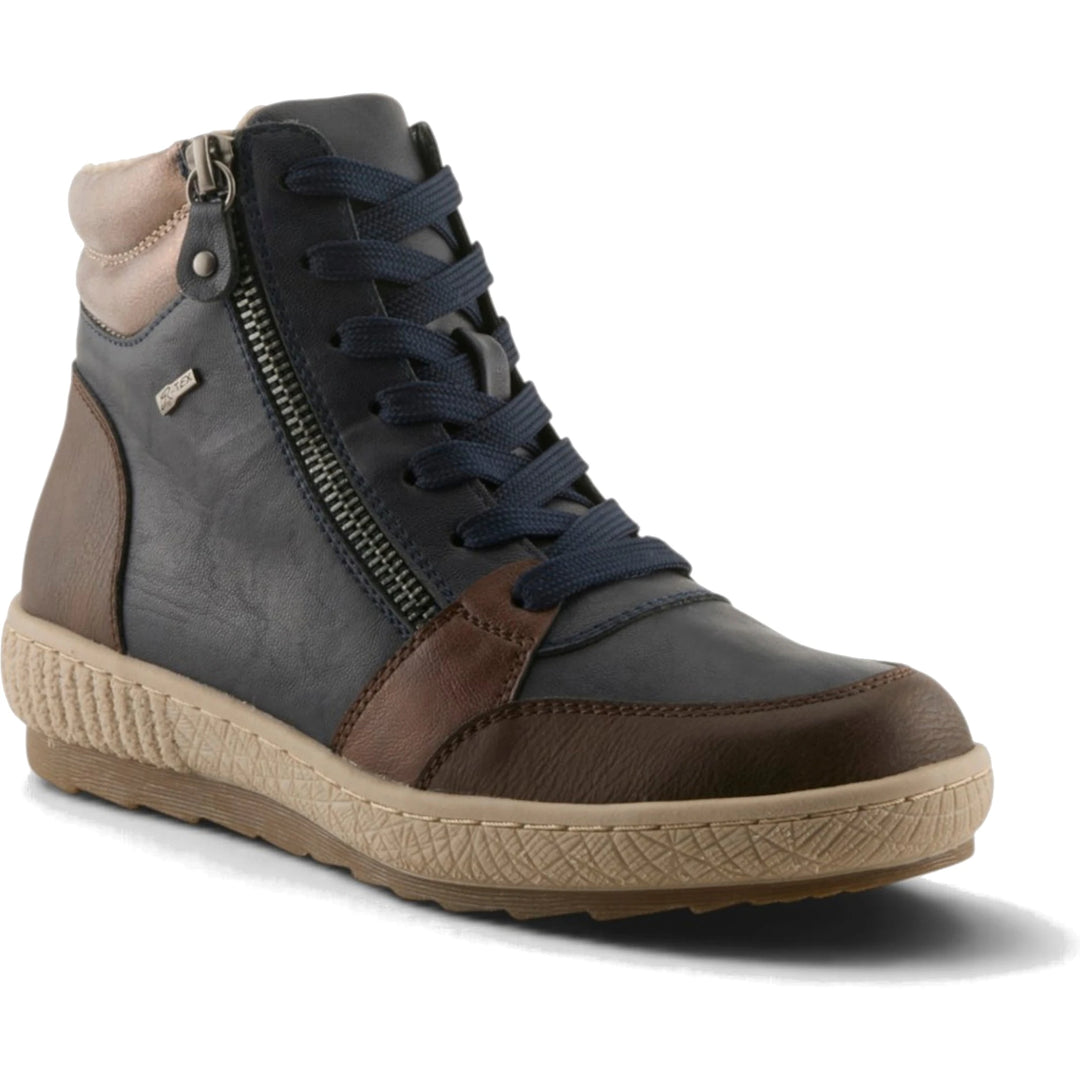 Front angled view of Spring Step Women's Loghaven Boot in navy multi faux leather