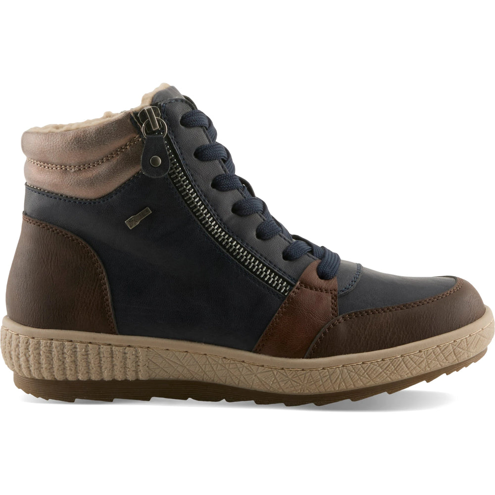 Lateral side of Spring Step Women's Loghaven Boot in navy multi faux leather